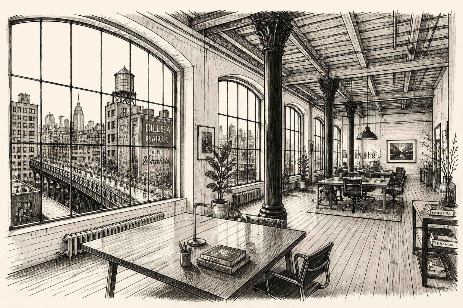 Chelsea loft interior — steel windows, columns, high ceilings