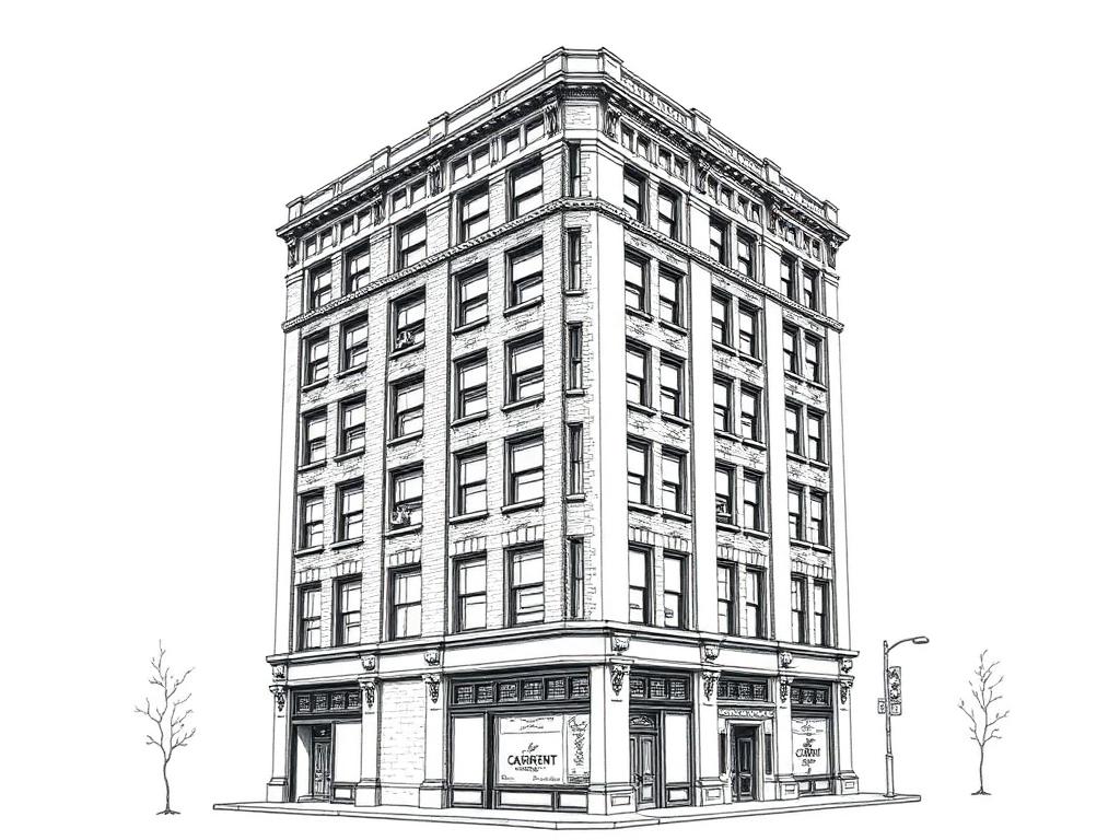 Ink sketch of a Garment District manufacturing loft building